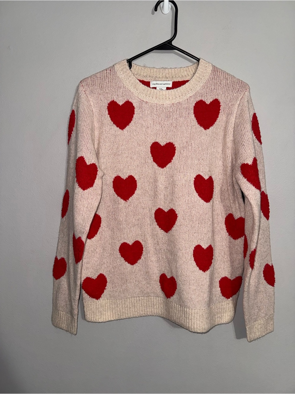 Cupcakes & Cashmere Cream Crewneck Sweater with Red Heart Motif Medium
